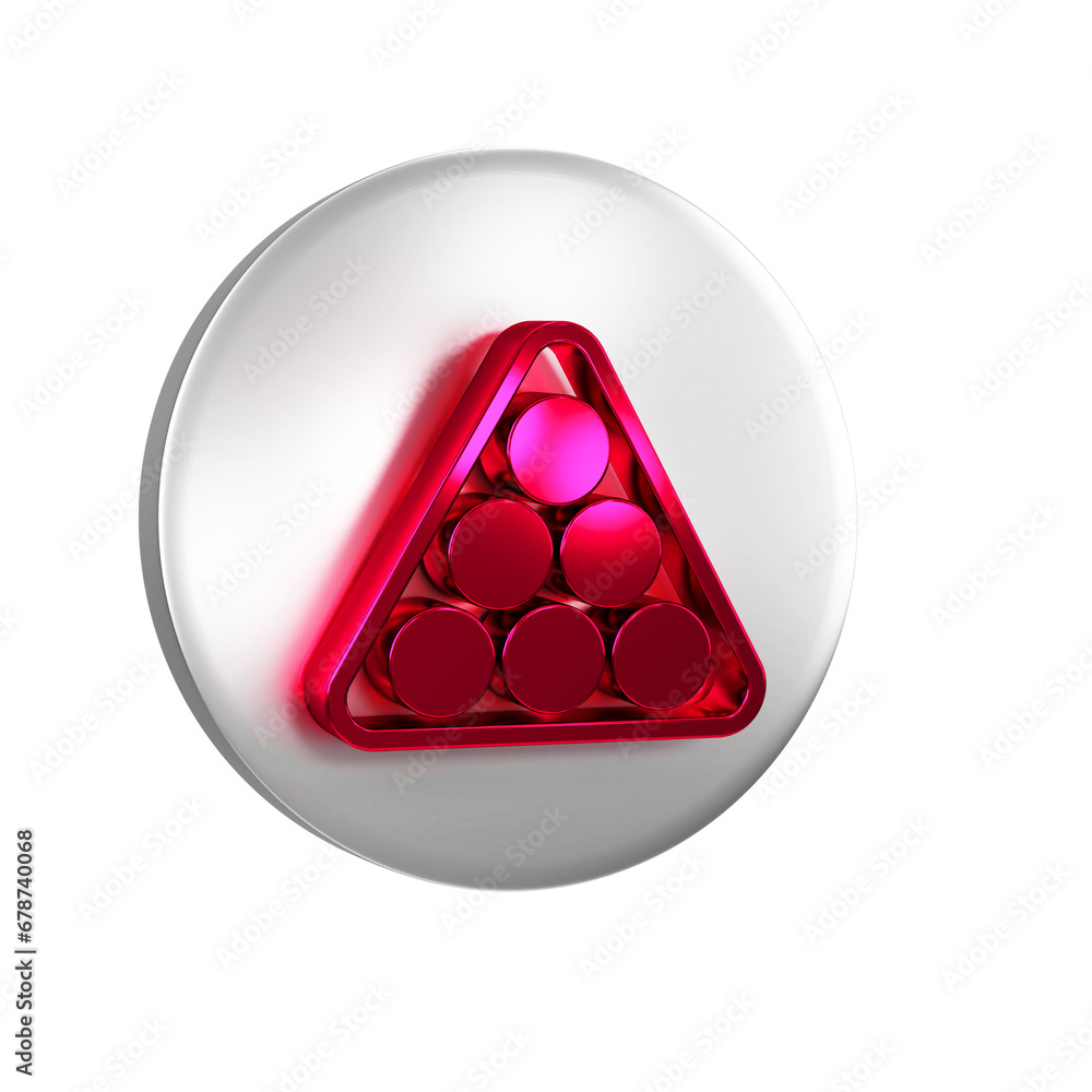 Sticker red billiard balls in a rack triangle icon isolated on transparent background. silver circle button.