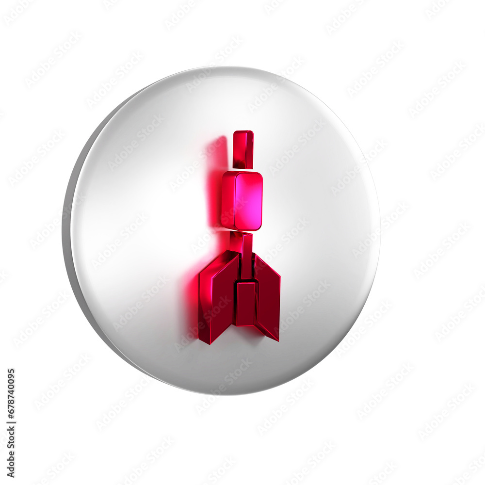 Poster red dart arrow icon isolated on transparent background. silver circle button.