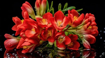 Beautiful red freesia flowers with water drops on black background. Springtime Concept. Mothers Day Concept with a Copy Space. Valentine's Day.