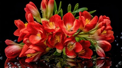 Fototapeta premium Beautiful red freesia flowers with water drops on black background. Springtime Concept. Mothers Day Concept with a Copy Space. Valentine's Day.