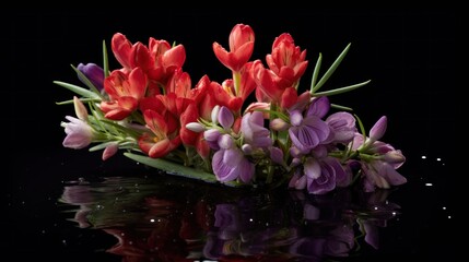 Beautiful bouquet of freesia on a black background. Springtime Concept. Mothers Day Concept with a Copy Space. Valentine's Day.