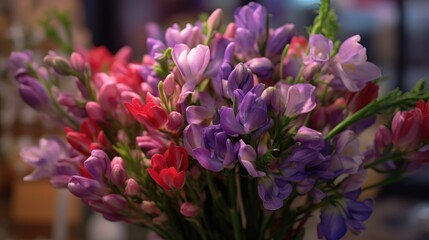 Beautiful bouquet of freesia flowers in a vase. Springtime Concept. Mothers Day Concept with a Copy Space. Valentine's Day.