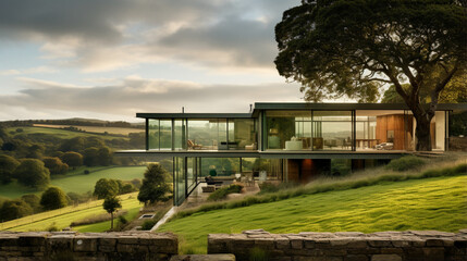 Fototapeta na wymiar New modern glass house in the meadow