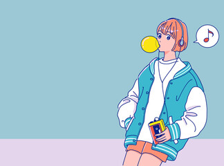 ウォークマンで音楽を聴くレトロポップな女の子