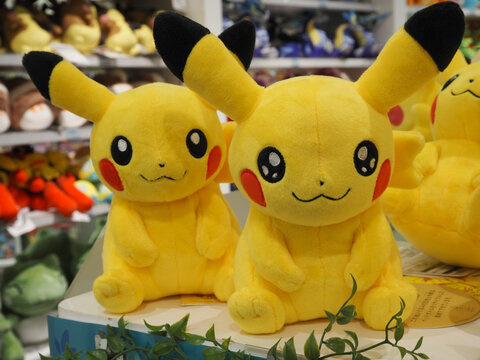 TOKYO, JAPAN - November 15, 2023: Soft Pokemon Pikachu toys in the Pokemon Center DX in Tokyo's Nihonbashi area. 