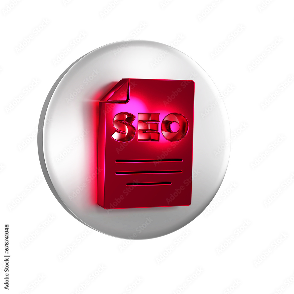 Sticker red seo optimization icon isolated on transparent background. silver circle button.