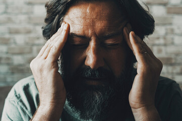 Close up portrait of man touching his head and temples for headache or problems to solve. Bad...