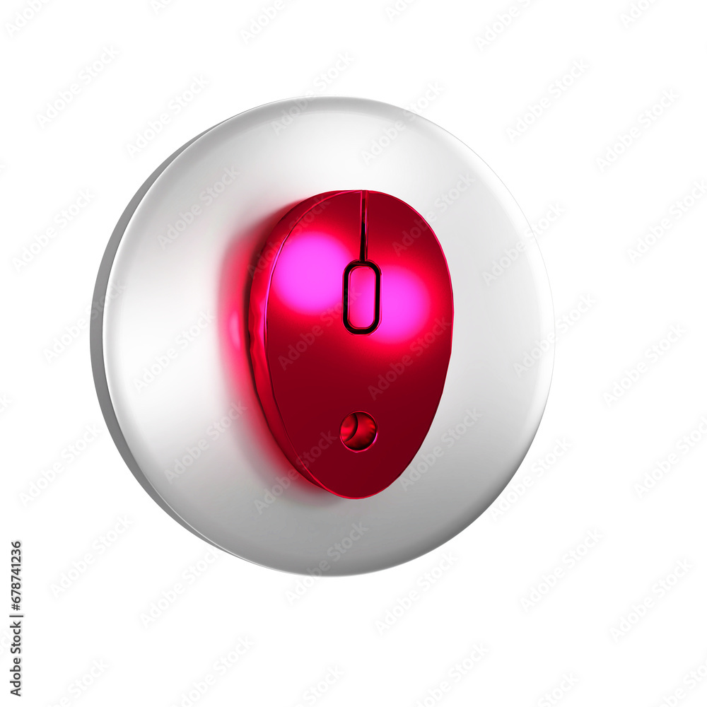 Poster red computer mouse icon isolated on transparent background. optical with wheel symbol. silver circle