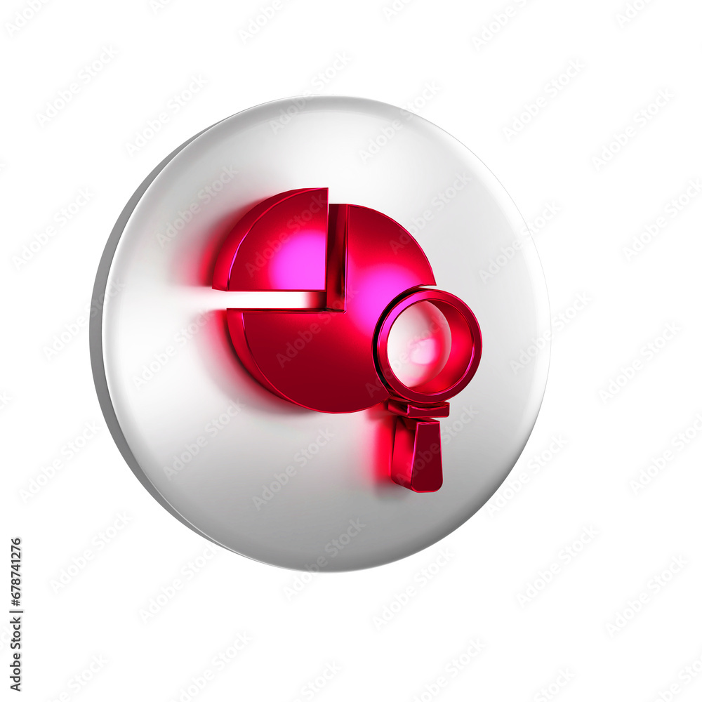 Poster red magnifying glass and data analysis icon isolated on transparent background. silver circle button