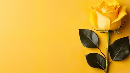 Una rosa amarilla en fondo amarillo con espacio para texto. Concepto del día de los enamorados. Generado por IA. - obrazy, fototapety, plakaty