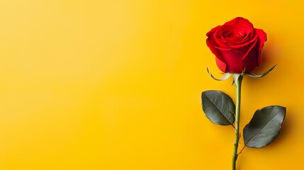 Una rosa roja en fondo amarillo con espacio para texto. Concepto del día de los enamorados. Generado por IA. - obrazy, fototapety, plakaty