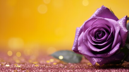 Una rosa violeta en fondo amarillo con espacio para texto. Concepto del día de los enamorados. Generado por IA. - obrazy, fototapety, plakaty