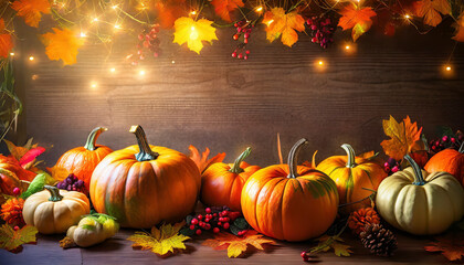Thanksgiving background with pumpkins autumn leafs and copy space