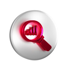 Red Magnifying glass and data analysis icon isolated on transparent background. Silver circle button.