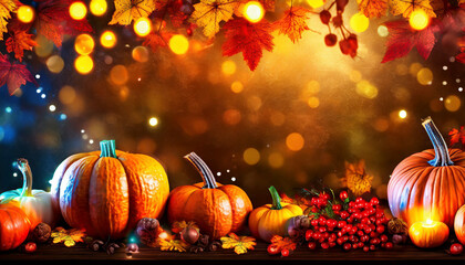 Thanksgiving background with pumpkins autumn leafs and holiday lights