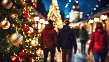 Fototapeta na wymiar Christmas tree in the city with people in background