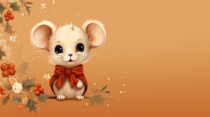  a white mouse with a red bow sits on a branch of holly with berries and berries around it, on an orange background with leaves and berries around the edge.