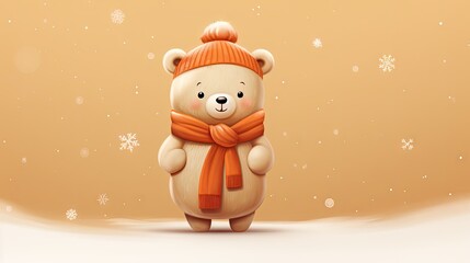  a brown teddy bear wearing a red scarf and a brown hat with a pompom on it's head and a scarf around it's neck, standing in the snowing area.