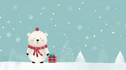  a picture of a polar bear with a christmas present in front of a snowy christmas tree with snowflakes and snowflakes on the ground and a blue background with white snowflakes.