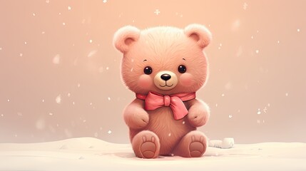  a brown teddy bear with a pink bow sitting in the snow with snow flakes on it's sides and a pink background with snow flakes and snow flakes.