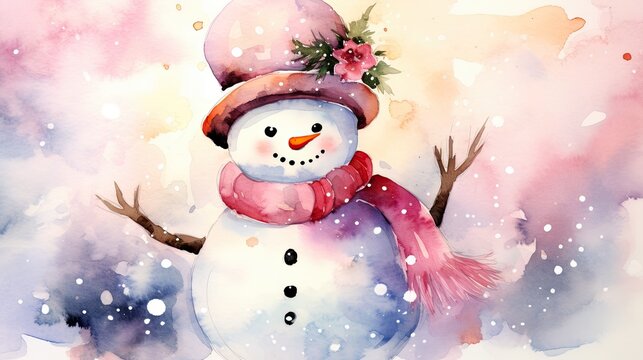  a watercolor painting of a snowman wearing a pink hat and scarf with a pink flower on his head and a pink scarf around his neck, on a snowy day.