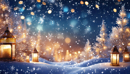 Christmas background with lanterns in snow and glowing lights - obrazy, fototapety, plakaty