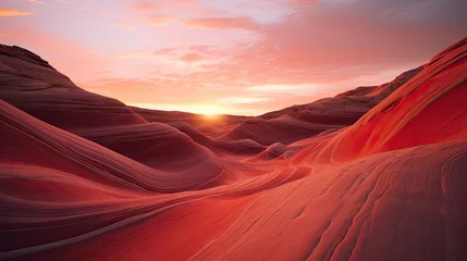 Tuinposter  the sun is setting in the distance over a desert landscape with red sand dunes and sand dunes in the foreground, and a red and orange sky in the background. © Shanti