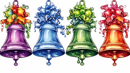  a bunch of bells that are in the shape of a christmas or new year's bell with a bow on the top of one of each of the bells.