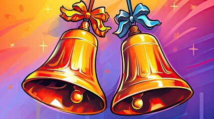  a painting of two bells with a bow on top of one of them and a ribbon on the end of one of the bells, and a bow on top of the other. - obrazy, fototapety, plakaty