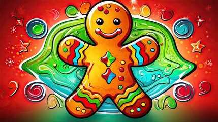  a painting of a ginger with colorful swirls and bubbles on a red background with stars, bubbles, and bubbles around it is a green, orange, red, red, and blue, and green,.