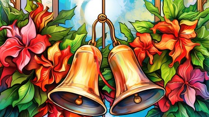  a painting of two bells hanging from a christmas wreath with poinsettis on a window sill with a blue sky in the background and red flowers in the foreground. - obrazy, fototapety, plakaty