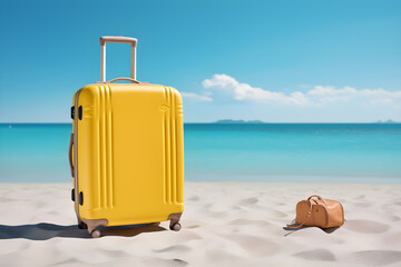 suitcase on the beach, yellow suitcase with accessories on sand beach, blue sea and blue sky, summer travel concept.