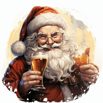  a painting of a santa claus holding a glass of beer and looking at the camera while wearing a red hat and holding a beer in his hand with a smile.