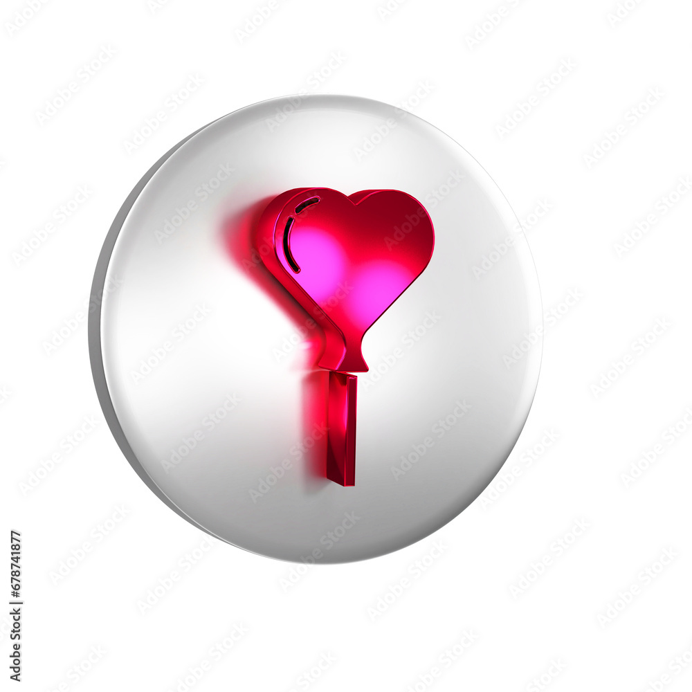 Poster red balloons in form of heart with ribbon icon isolated on transparent background. silver circle but