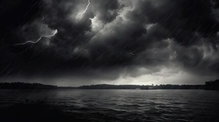  a black and white photo of a storm over a body of water with a boat in the water and a lot of dark clouds in the sky above the water. - Powered by Adobe
