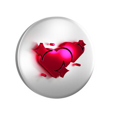 Red Two Linked Hearts icon isolated on transparent background. Romantic symbol linked, join, passion and wedding. Valentine day symbol. Silver circle button.