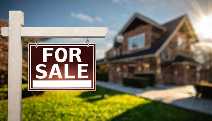 For sale sight with blurred house in background, real estate sign - obrazy, fototapety, plakaty