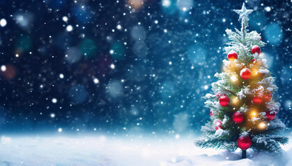 Fototapeta na wymiar Christmas tree with lights on snowy winter background with copy space