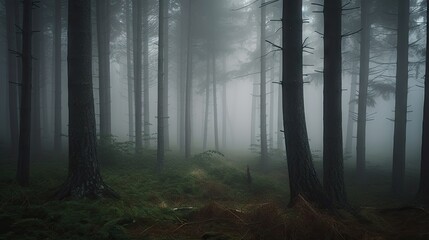  a forest filled with lots of tall trees in the foggy day with a trail in the middle of the forest surrounded by tall, green grass and tall trees.