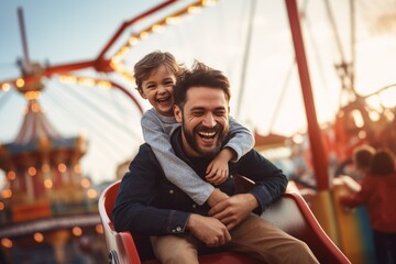 Father and Son Enjoying a Sunset at an Amusement Park - obrazy, fototapety, plakaty