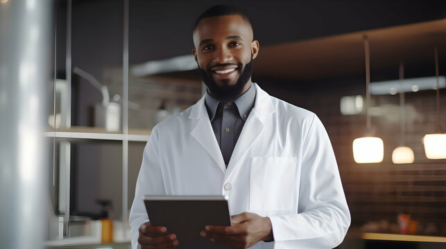 Confident african american male in doctor's coat showing tablet with diet plan on screen while working at hospital Generated Ai