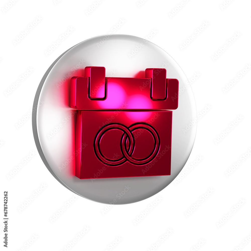 Poster red calendar icon isolated on transparent background. event reminder symbol. silver circle button.