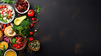 Food background. Top view of olive oil, cherry tomato, herbs and spices on rustic black slate. Colorful food ingredients border. empty space for banner.