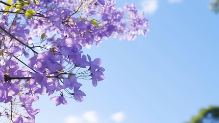 Fototapeta premium Beautiful blooming purple Jacaranda trees over blue sky with modern city background.