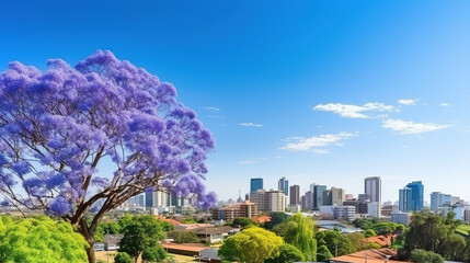 Beautiful blooming purple Jacaranda trees over blue sky with modern city background.