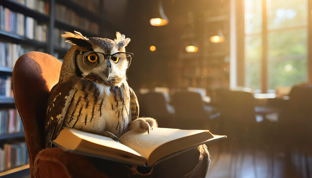 Smart owl wearing reading glasses with a book in the library