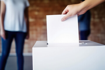A hand putting a sheet of paper into a voting box. - obrazy, fototapety, plakaty