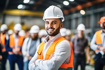 A man wearing protective clothing is smiling in an industrial warehouse.