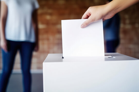A hand putting a sheet of paper into a voting box.