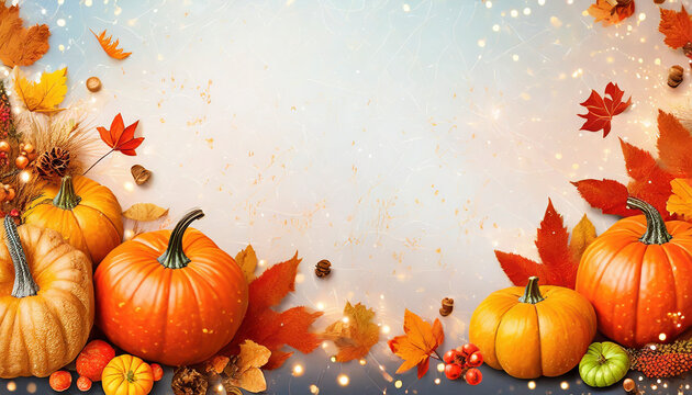 Thanksgiving background with pumpkins autumn leafs and copy space